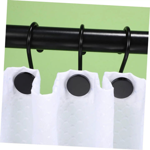 Close-up of Rustproof Metal Shower Curtain Rings 12 Piece Set for Bathroom with Easy Glide Hooks on black rod