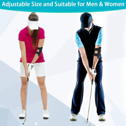 Golf Swing Trainer Arm Brace For Elbow Posture Correction Adjustable Swing Alignment Aid For Men And Women Beginners Build Consistent Back Swings Improve Ball Contact Practice Like A Pro in use by two golfers