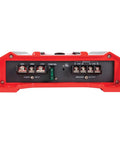 Back view of GP2000 2000W 2 Channel Car Amplifier with Beefy Bridged Mono 4 Ohms, showing power and speaker connections, black and red design.