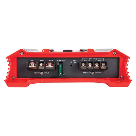 Back view of GP2000 2000W 2 Channel Car Amplifier with Beefy Bridged Mono 4 Ohms, showing power and speaker connections, black and red design.