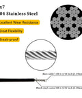 Diagram of Heavy Duty 304 Stainless Steel Wire Rope Cable 7x7 Core Black Vinyl Coated Outdoor Guide Wire For String Lights And Clotheslines Overmolded From 1/16 Inch To 3/32 Inch 100 Ft showing structure and dimensions.