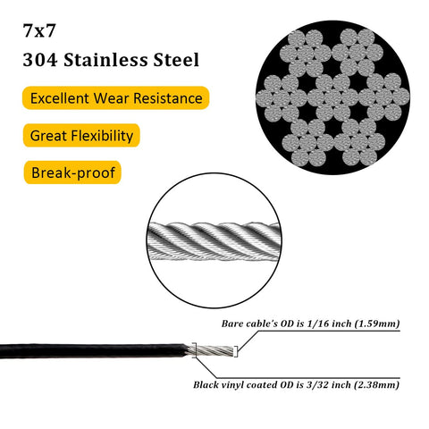 Diagram of Heavy Duty 304 Stainless Steel Wire Rope Cable 7x7 Core Black Vinyl Coated Outdoor Guide Wire For String Lights And Clotheslines Overmolded From 1/16 Inch To 3/32 Inch 100 Ft showing structure and dimensions.