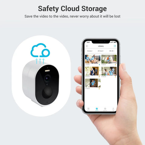 Outdoor Security Camera 2K QHD With Color Night Vision for cloud storage feature next to smartphone displaying app interface.