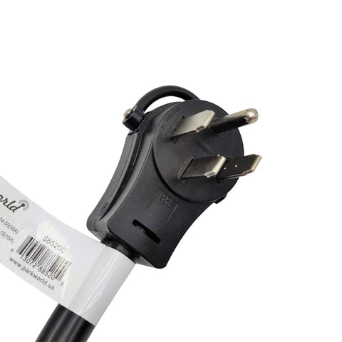 Close-up of 14-50P male plug on RV Power Splitter Adapter Cord 50A To 30A And 15A For Campers With TT-30R And 5-15R Female