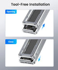 Kickass 40Gbps M.2 NVMe SSD Enclosure featuring active cooling fan shown in tool-free installation steps with aluminum body.