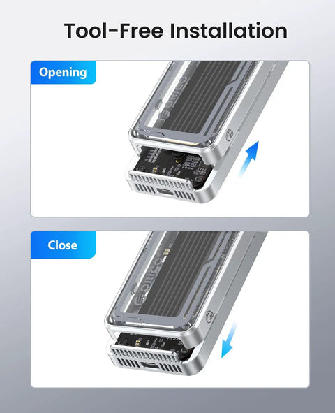 Kickass 40Gbps M.2 NVMe SSD Enclosure featuring active cooling fan shown in tool-free installation steps with aluminum body.