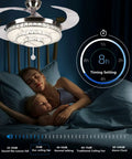 Crystal Ceiling Fan With Lights Retractable Fandelier In Modern Chrome installed above sleeping family, timing setting displayed