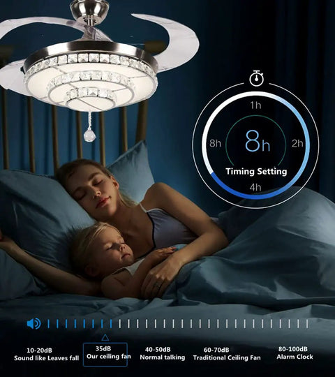 Crystal Ceiling Fan With Lights Retractable Fandelier In Modern Chrome installed above sleeping family, timing setting displayed