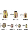 Kickass Zinc Alloy Insert Nuts With Flanged Hex Drive Head For No Sweat Furniture Assembly M4 M6 M8 M10 Screw In Socket Hardware 230 Piece Set With Secure Storage Box showing various sizes and dimensions of threaded inserts.