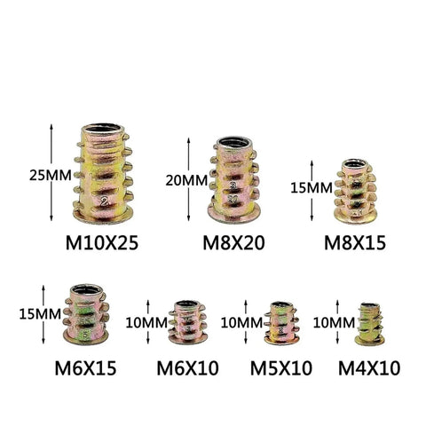 Kickass Zinc Alloy Insert Nuts With Flanged Hex Drive Head For No Sweat Furniture Assembly M4 M6 M8 M10 Screw In Socket Hardware 230 Piece Set With Secure Storage Box showing various sizes and dimensions of threaded inserts.