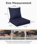 Outdoor Cushion Set For Deep Seating 24 By 24 By 3.5 Inches Lounge Ready Water Resistant And Fade Resistant With Removable Covers And Ties Includes Two Seat Cushions And Two Back Cushions Blue shown on patio furniture with size measurements.
