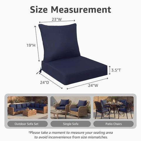 Outdoor Cushion Set For Deep Seating 24 By 24 By 3.5 Inches Lounge Ready Water Resistant And Fade Resistant With Removable Covers And Ties Includes Two Seat Cushions And Two Back Cushions Blue shown on patio furniture with size measurements.