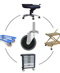 Heavy Duty Three Inch Gray Swivel Caster Wheels Set Of Four With Side Lock Brakes And Three Eighth Threaded Stem displayed on various utility items