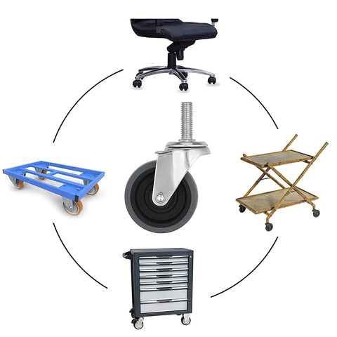 Heavy Duty Three Inch Gray Swivel Caster Wheels Set Of Four With Side Lock Brakes And Three Eighth Threaded Stem displayed on various utility items