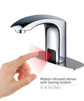 Automatic Smart Sensor No Touch Bathroom Faucet For Vessel Sink With Deck Plate Hole Cover Motion Activated Hands Free Water Saving Commercial Grade Brushed Nickel Finish showing motion infrared sensor range.