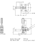 Technical drawing of Four Pack Vertical Quick-Release Toggle Clamps, 110 Lb Holding Capacity, Anti-Slip Grip, GH-101A with dimensions.