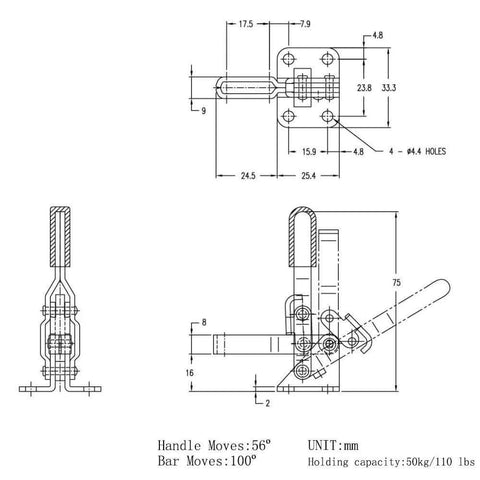 Technical drawing of Four Pack Vertical Quick-Release Toggle Clamps, 110 Lb Holding Capacity, Anti-Slip Grip, GH-101A with dimensions.