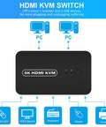 Two PC HDMI USB KVM Switch For Sharing A 4K Monitor Keyboard Mouse And Printer With Two Cables Included