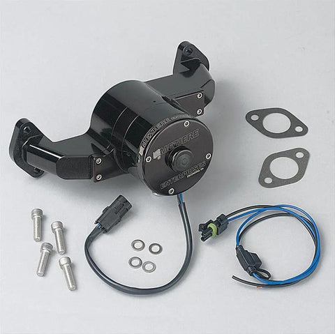 Plug And Play Electric Water Pump For Big Block Chevy black anodized pump with fittings and wiring harness for cooling system.