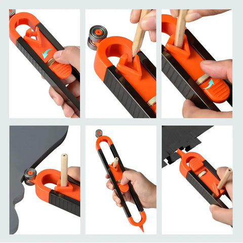 Slick Contour Scribe Copy Gauge With Rigid Abs Body And Rust Proof Steel Pins Includes Two Bonus Pencils in use for wall tracing.