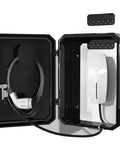 Dang Tough Wall Mount Cover For Electric Vehicle Chargers Built From Rigid Cold Rolled Steel With Rock Solid Locking System Completely Waterproof For Any Rough Outdoor Conditions In Glossy Black showcasing open lid and charging cable.