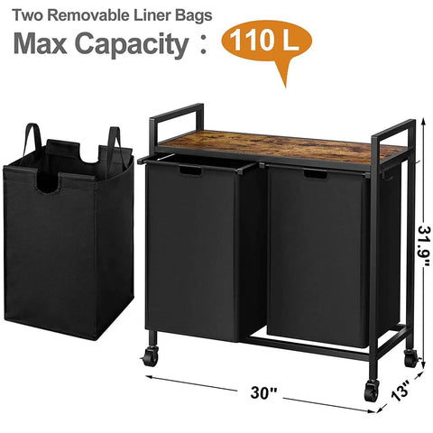 Double Laundry Hamper With Lid And Heavy Duty Wheels Rolling Laundry Basket Organizer With Top Shelf Iron Made Sorter