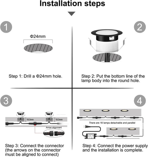 Installation steps for Warm White 16 Pack Recessed LED Deck Lights, 1.22 Inch Diameter, 0.94 Inch Mount Hole, 12V DC