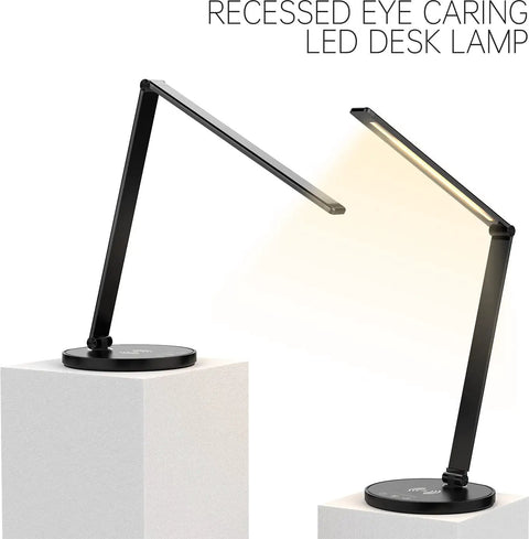 LED Desk Lamp With Wireless Charger And USB Port, 5 Color Modes, shown side by side demonstrating light angle, black finish