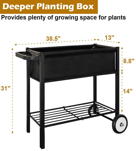 Raised Garden Bed On Wheels With Legs 31 Inch Elevated Outdoor Planter Cart For Vegetables Flowers Tomatoes Herbs Ergonomic Design Movable Garden Bed With Heavy Duty Handle Black shown with dimensions