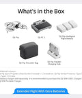Components of Dope Fly More Combo With Dual Screen Remote, 4K UHD Drone Camera, including batteries and charging hub, displayed in box layout