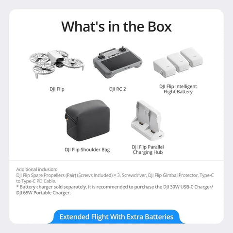 Components of Dope Fly More Combo With Dual Screen Remote, 4K UHD Drone Camera, including batteries and charging hub, displayed in box layout
