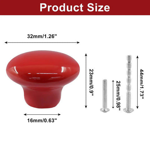 Bold Red Ceramic Cabinet Knobs Set Featuring No Sweat Installation And Top Notch Durability For An Instant Kitchen Glow Up And Quick Drawer Fix Including Premium Fasteners And Driver Ready For Your Next Weekend DIY Project Today, showing sizes and included screws.