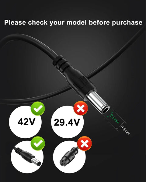 42V 2A Electric Scooter Charger For 36V Battery Systems With 5.5x2.5mm DC Round Plug, Compatible With Hover-1 Highlander Dynamo Gambit Helios And More, Not For 29.4V Or 3-Prong XLR Models