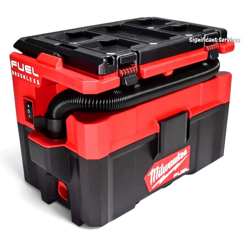 Heavy Duty 2.5 Gallon Cordless Wet And Dry Shop Vacuum Delivering 87 DB Whisper Quiet Runtime And Badass Suction For Fast Debris Clearing On Any Job Site in red and black design with hose.