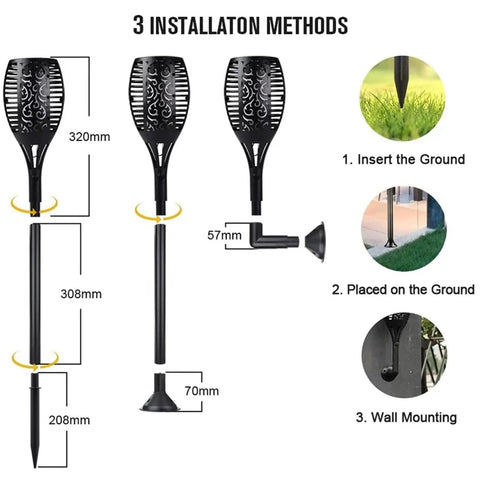 Two Pack 33 Inch Solar Tiki Torches With 96 LED Flickering Flame Waterproof Outdoor Lights installation methods diagram