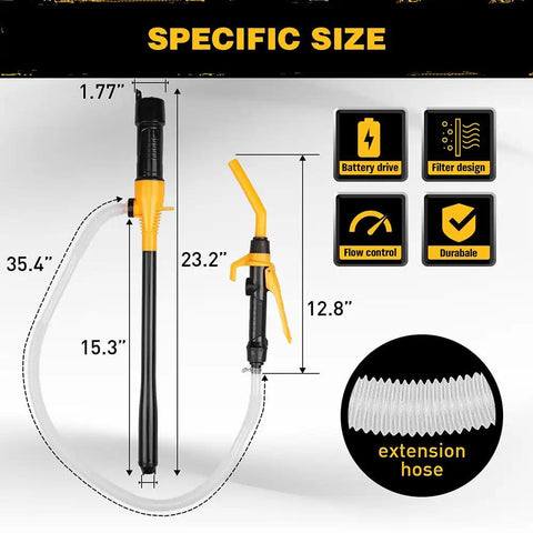 Portable Battery Powered Fuel And Water Transfer Pump sizes and features description with 16 inch tube and extension hose