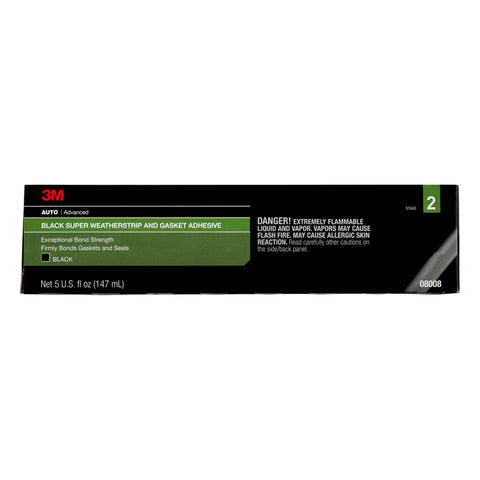 Box of Black Weatherstrip And Gasket Adhesive 5 Fl Oz, showing product details and safety warnings.