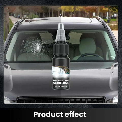 Windshield Crack Repair Kit For Cars And Trucks, DIY Friendly Fast Acting Car Window Glass Repair Liquid, bottle in front of cracked windshield