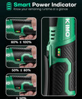 Cordless Electric Ratchet Wrench Set Delivers Forty Foot Pounds Of Torque At Four Hundred RPM Twelve Volt Three Eighths Inch Capacity Includes Seven Sockets And One Quarter Inch Adapter Forward And Reverse Switch Two Batteries And Charger Lightweight And shown with smart power indicator.