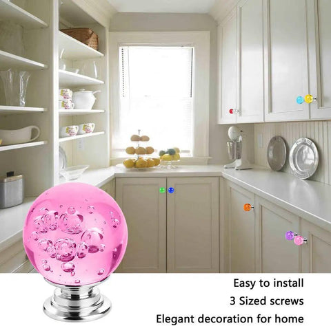 Colorful Glass Cabinet Knobs 30mm Round Bubble Design, 10 Pack Drawer Pulls With Three Screw Sizes For Cabinets, Drawers, Dressers, And Home Makeovers, Smooth Modern Hardware, pink glass knob on white kitchen cabinet