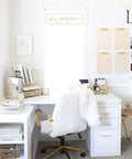 Gold Metal Desk Organizer With Drawer And Mesh File Holder For Papers And Folders on a modern white office desk setup