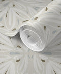 Workhorse Symmetrical Wallpaper With Pvc Free Type Ii Rating And Matte Texture, close-up of rolled beige wallpaper with floral design.