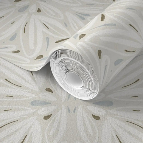 Workhorse Symmetrical Wallpaper With Pvc Free Type Ii Rating And Matte Texture, close-up of rolled beige wallpaper with floral design.