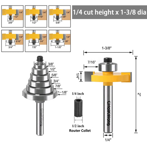 Quarter Inch Shank Rabbet Router Bit With Six Bearings Built Tough For Smooth Clean Rabbets Carbide Tipped With Interchangeable Bearings Set For Multiple Depths One Eighth Inch One Quarter Inch Five Sixteenths Three Eighths Seven Sixteenths Half Inch diagram