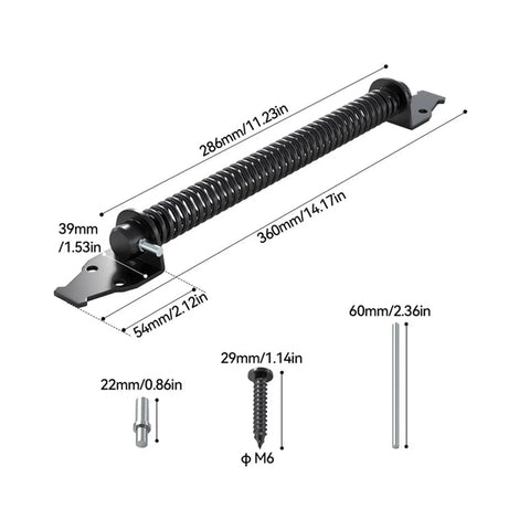 Diagram of Beefy Automatic Gate Closer Tension Spring in carbon steel, showing dimensions for heavy-duty wooden fence installation.