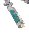 Close-up of Kickass 12 In 1 Wire Stripper And Crimper Pocket Multitool Pliers with teal grip and steel handle.