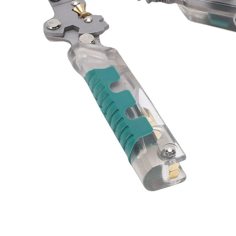 Close-up of Kickass 12 In 1 Wire Stripper And Crimper Pocket Multitool Pliers with teal grip and steel handle.