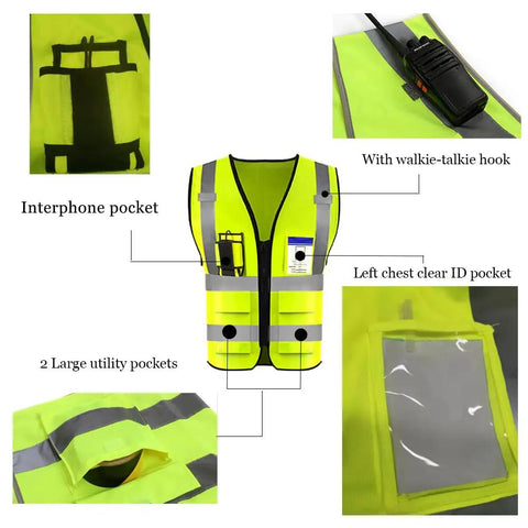 Top Shelf High Visibility Reflective Safety Vest With Heavy Duty Zipper And Deep Storage Pockets Custom Business Logo shown with interphone and ID pockets.