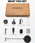 Gold 26mm Large Diaphragm Condenser Microphone Kit with Cardioid Capsule components including mic, stand, pop filter, cables