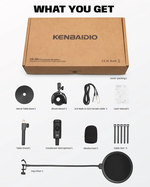Gold 26mm Large Diaphragm Condenser Microphone Kit with Cardioid Capsule components including mic, stand, pop filter, cables
